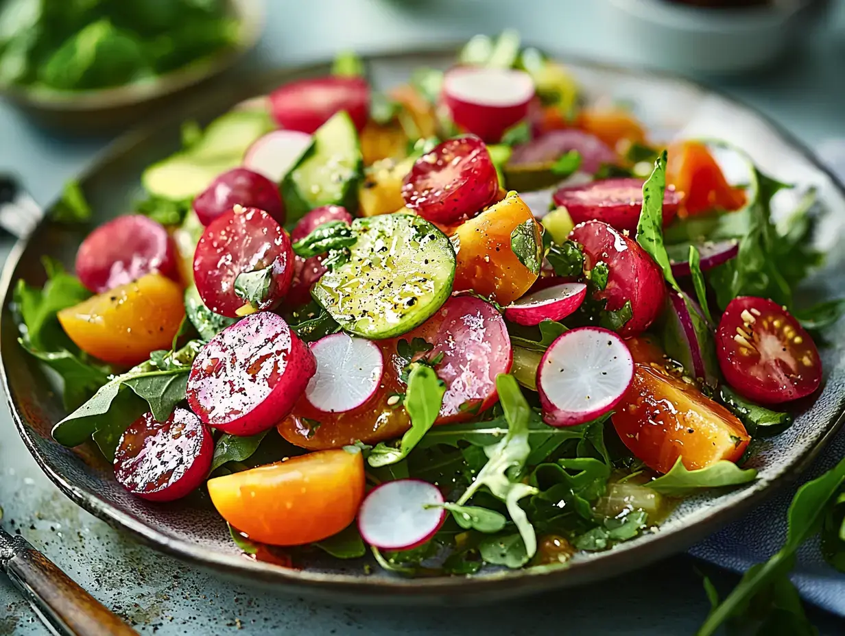 A fresh salad featuring a colorful mix of sliced radishes, cucumbers, tomatoes, and arugula, drizzled with dressing.