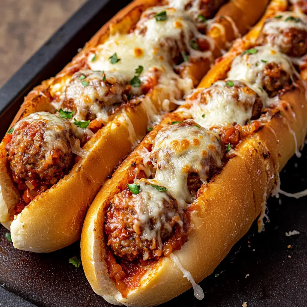 Close-up of toasted hoagie rolls filled with meatballs, marinara sauce, melted cheese, and garnished with herbs.