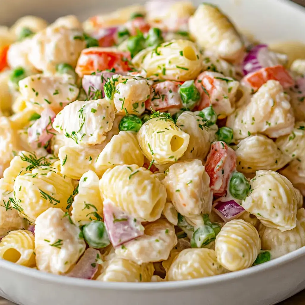 A close-up image of a creamy pasta salad featuring shell pasta, diced vegetables, and fresh herbs.