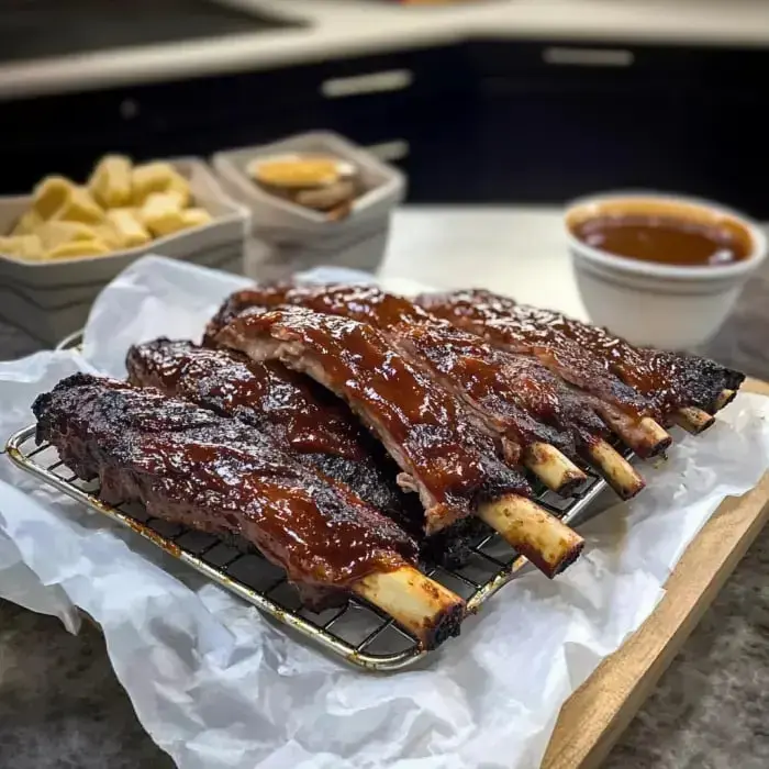 Una parrilla de costillas bañadas en salsa sobre una rejilla rodeada de salsa para mojar y un tazón de patatas fritas.