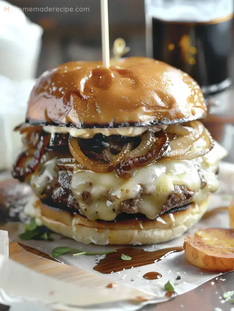 Hamburguesas Gourmet de Sopa de Cebolla Francesa con cebollas caramelizadas y queso derretido