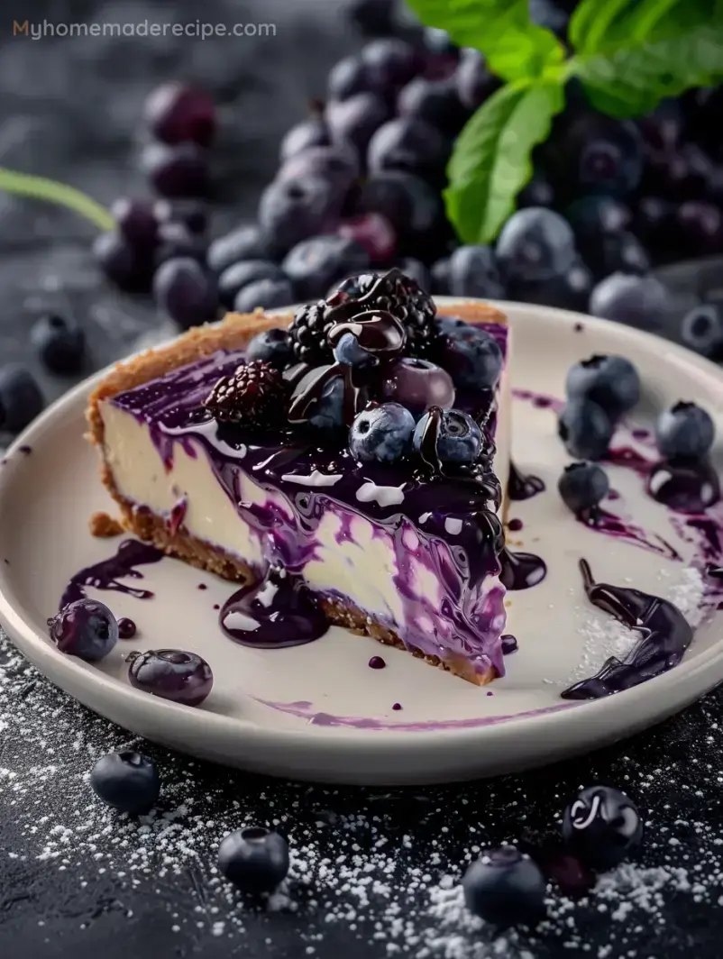 Una porción de tarta cremosa cubierta con arándanos frescos y salsa de bayas en un plato beige, rodeada de arándanos adicionales y un toque de azúcar glas.