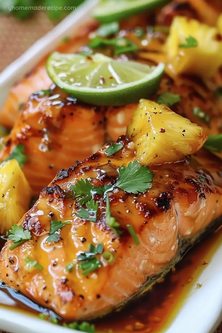 Salmón con Miel y Piña en un plato, adornado con cilantro fresco y rodajas de piña
