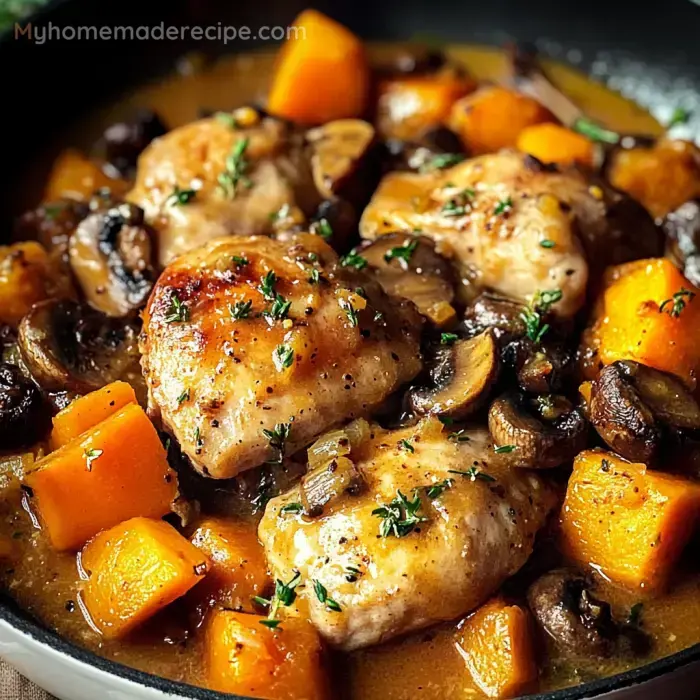 Pollo con calabaza y champiñones