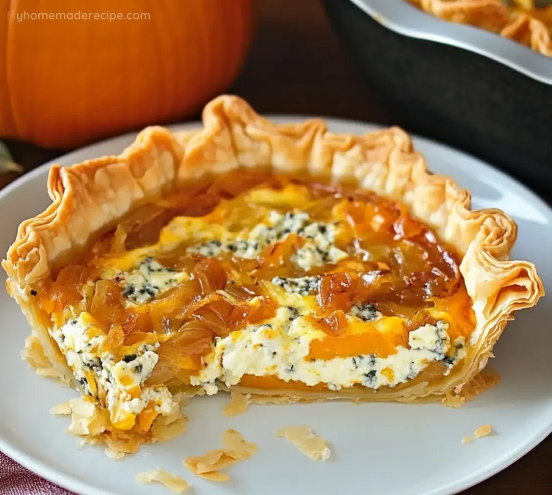 Pastel de calabaza asada con cebollas doradas, gorgonzola y salvia