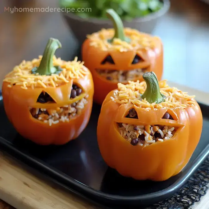 Pimientos rellenos de pollo y arroz para Halloween