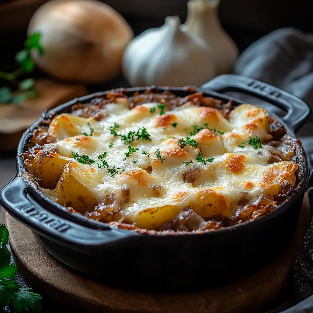 Gratinado dorado de patatas con cebolla francesa, cremoso y delicioso en cada bocado.