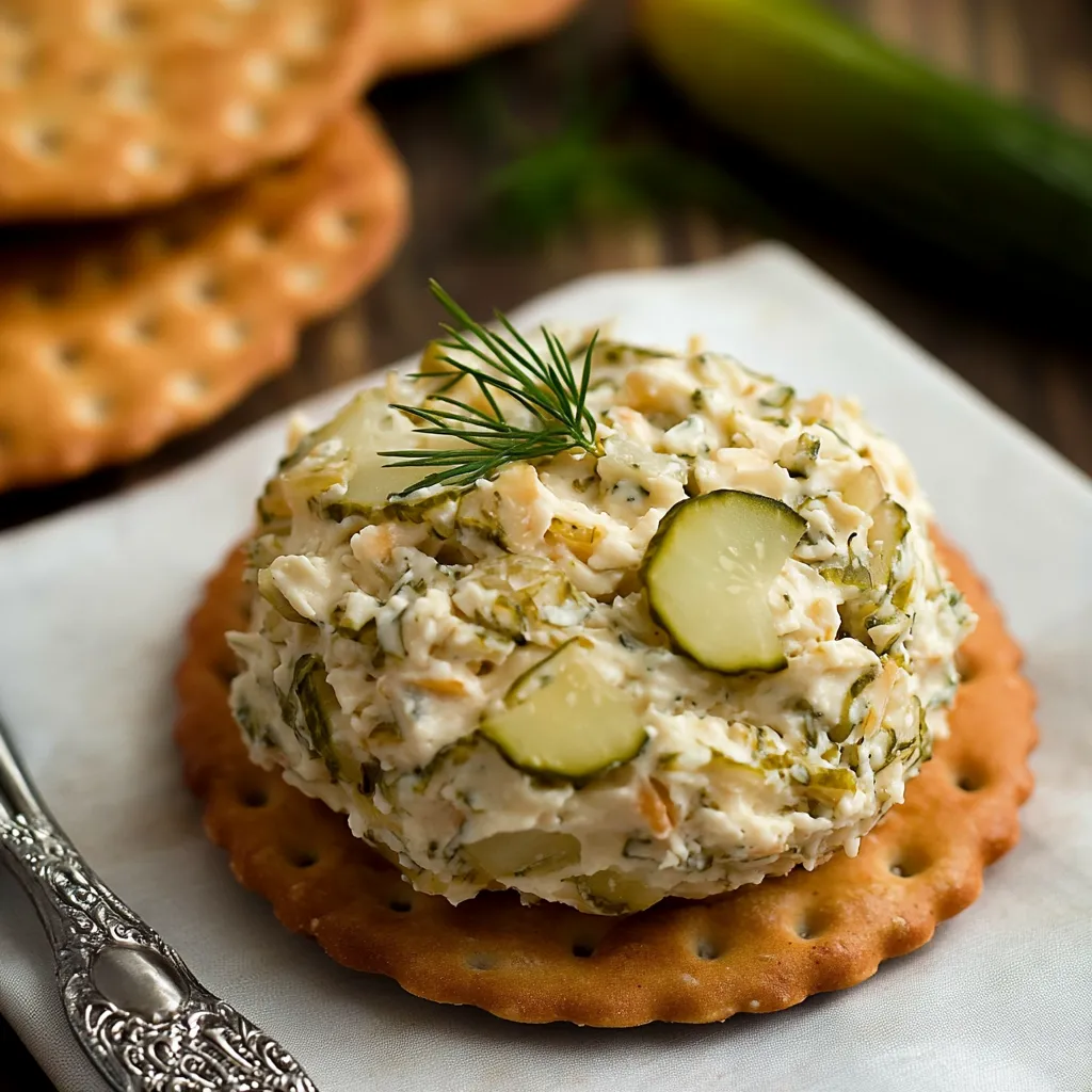 Bola de queso cremosa con sabor a pepinillos, perfecta para fiestas y reuniones.