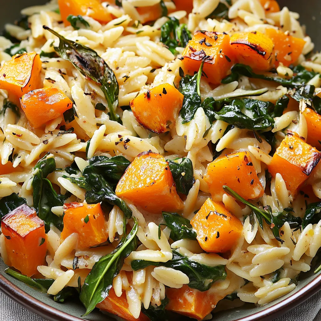 Orzo cremoso con calabaza asada y espinacas, un platillo nutritivo y delicioso.