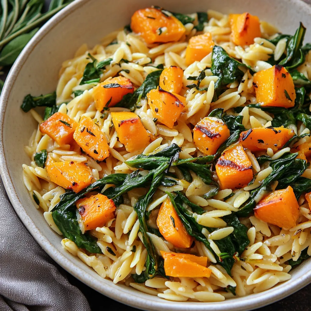 Orzo cremoso con calabaza asada y espinacas frescas.