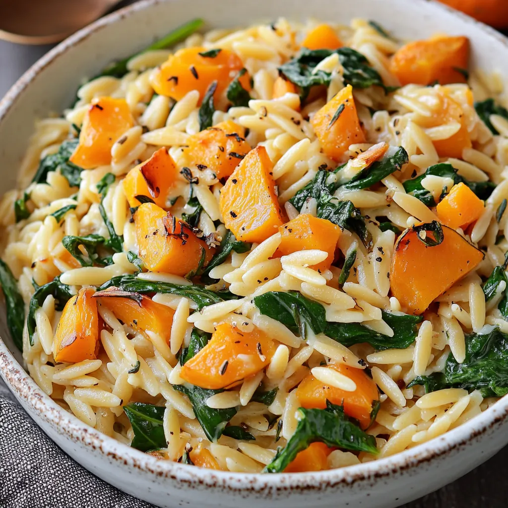 Delicioso orzo con calabaza asada y espinacas, perfecto para cenas acogedoras.