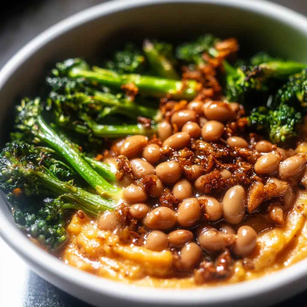 Plato de Puré de Camote con Miso y Tahini con Alubias Especiadas y Broccolini