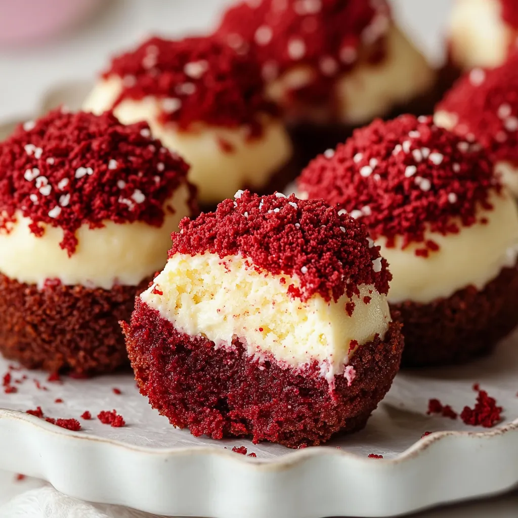 Deliciosos bocaditos de tarta de queso con toque de terciopelo rojo, perfectos para fiestas.