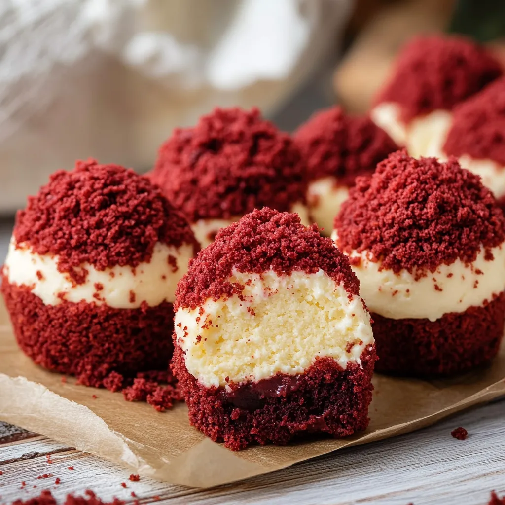 Exquisitos bocaditos de tarta de queso con terciopelo rojo, un delicioso mini postre.