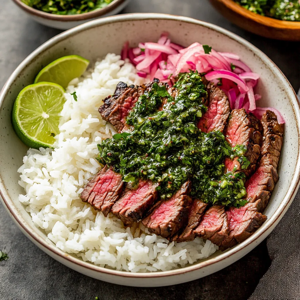 Tazones con arrachera y arroz coronados con chimichurri fresco, una opción deliciosa.