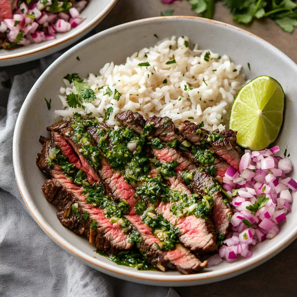 Arrachera jugosa con chimichurri sobre arroz, perfecta para una cena satisfactoria.