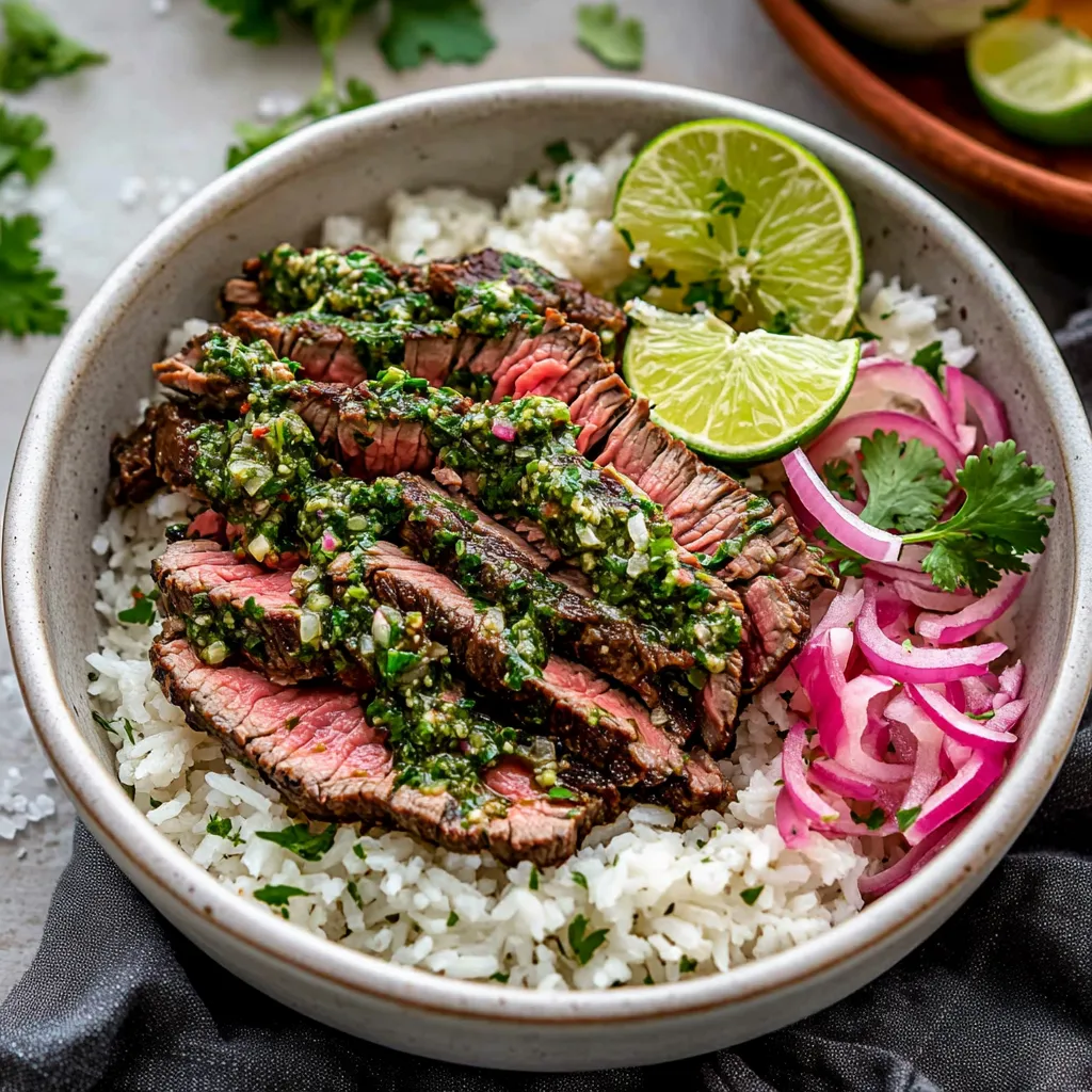 Tazones de arrachera con arroz, un plato abundante con sabores intensos de chimichurri.