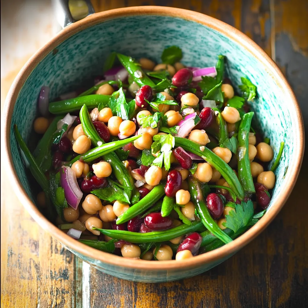 Refrescante ensalada de tres frijoles, un acompañamiento perfecto para picnics o comidas.