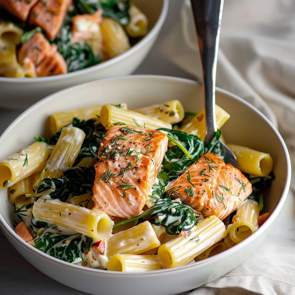 Deliciosa pasta con salmón tierno y espinacas frescas en una rica salsa.