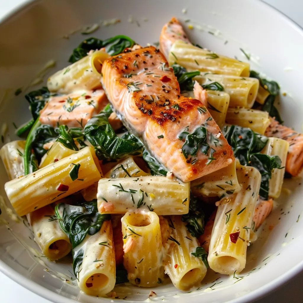 Pasta con salmón y espinacas, una comida rápida y sustanciosa perfecta para la cena.