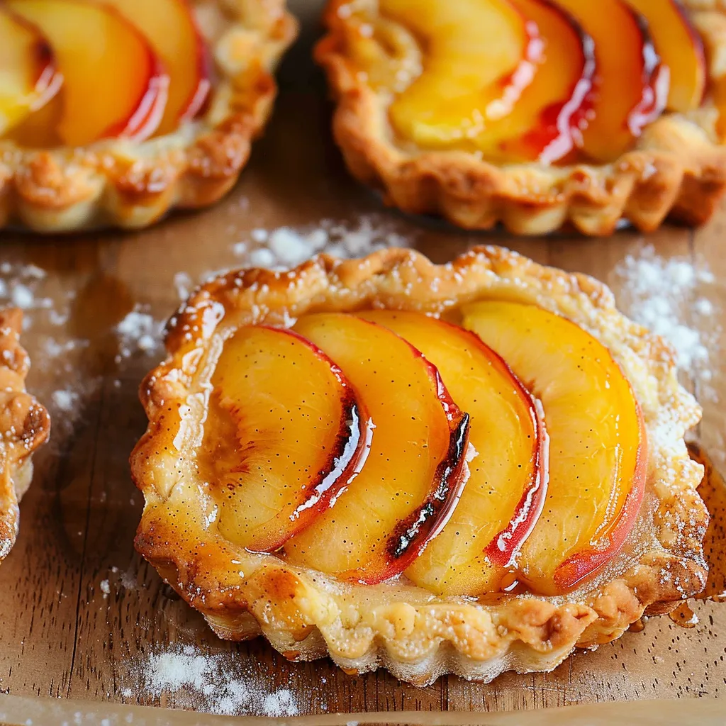 Tartaletas dulces rellenas de durazno fresco y queso, un postre perfecto en porciones pequeñas.