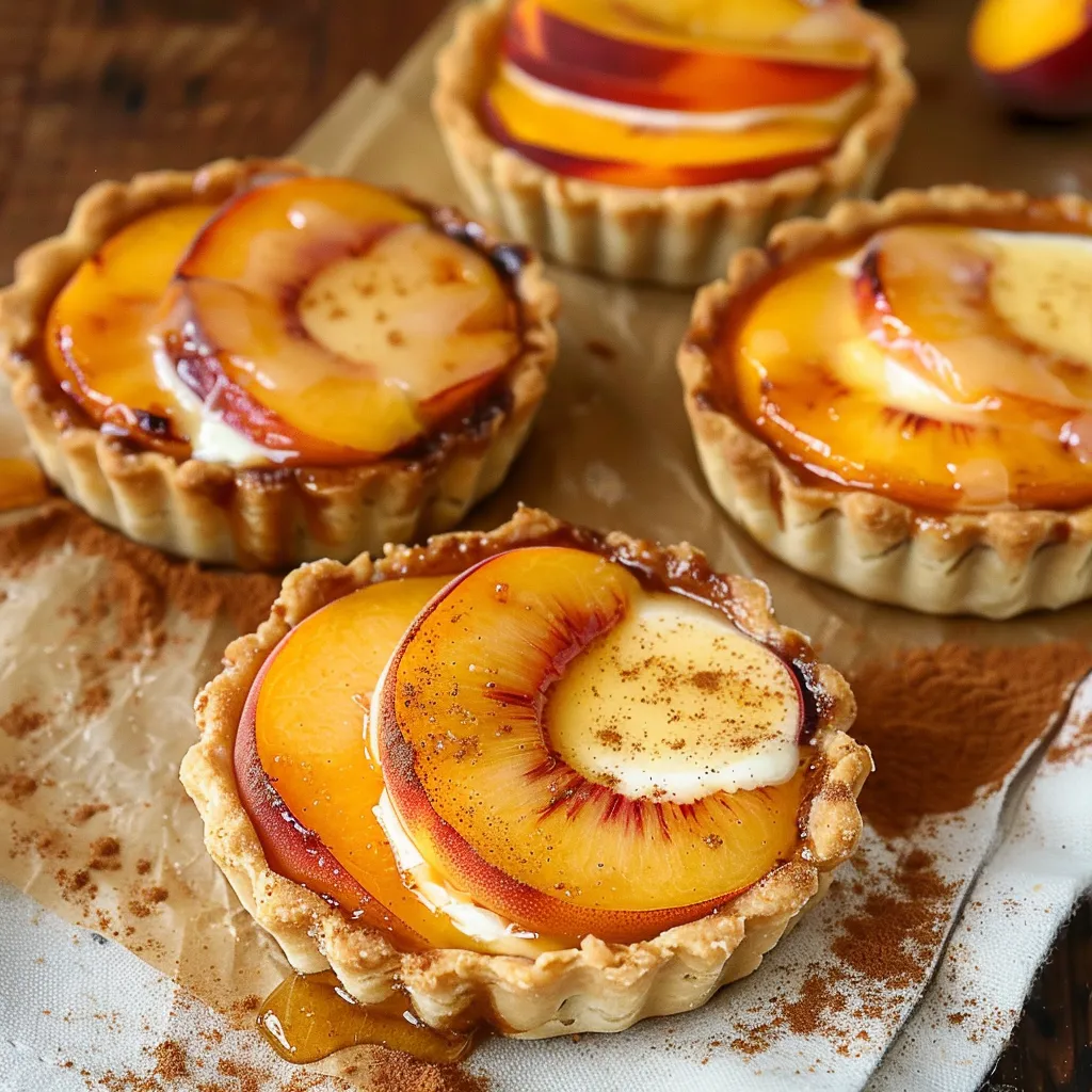 Mini tartas con melocotones jugosos y un rico relleno de queso crema, un postre elegante.