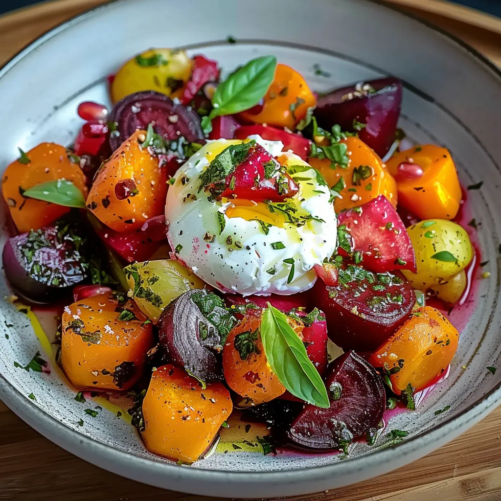 Colorida ensalada de remolacha asada y burrata, un equilibrio perfecto entre dulce y cremoso.