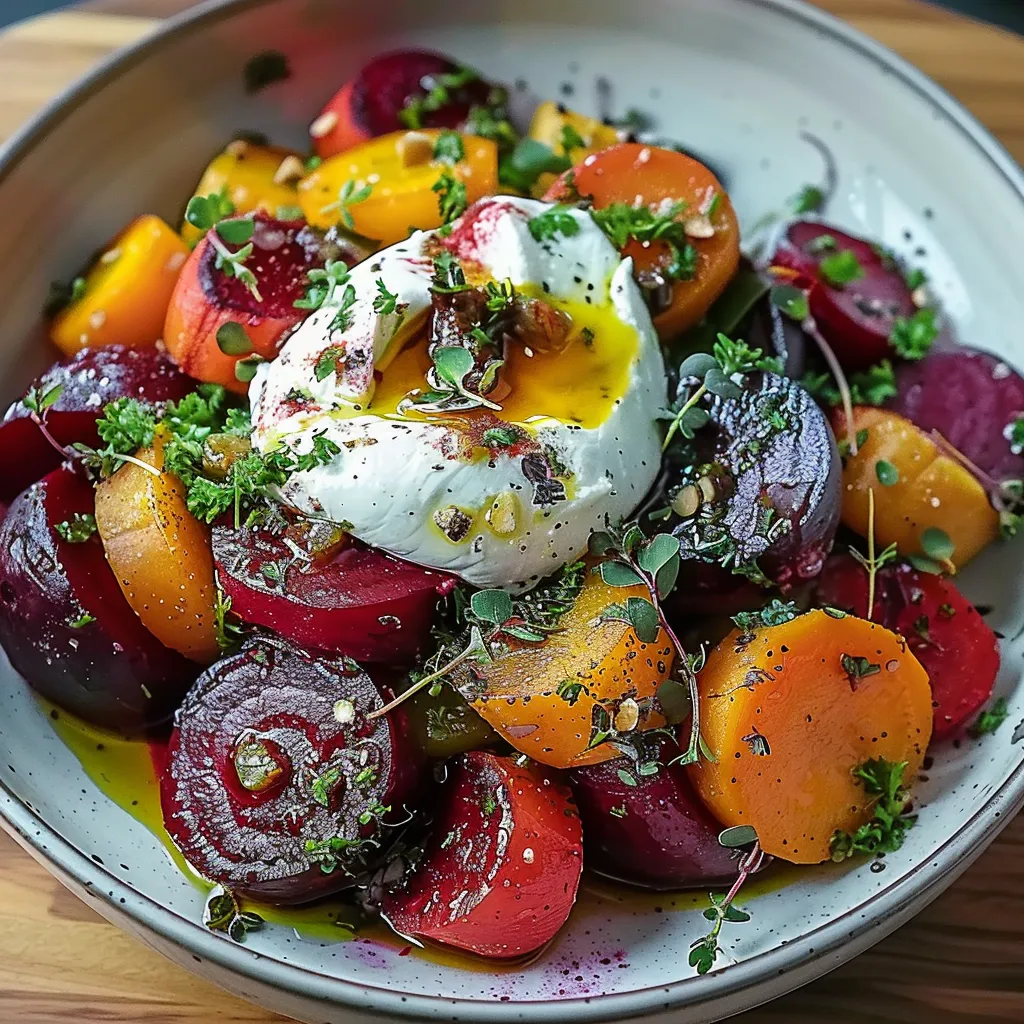 Remolachas asadas con burrata, una ensalada vibrante y deliciosa para cualquier ocasión.