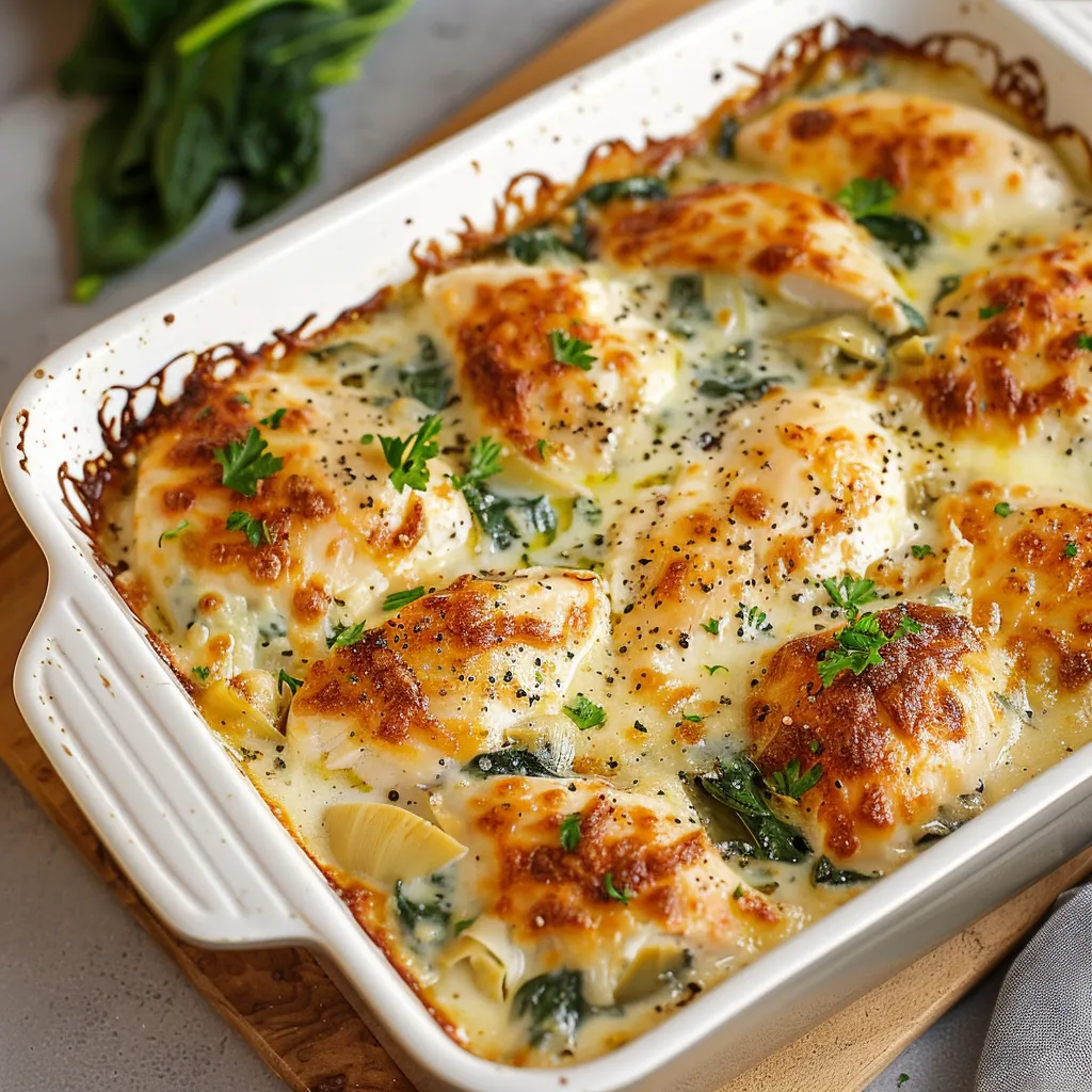 Delicioso pollo al horno con espinacas y alcachofas, perfecto para una cena abundante.