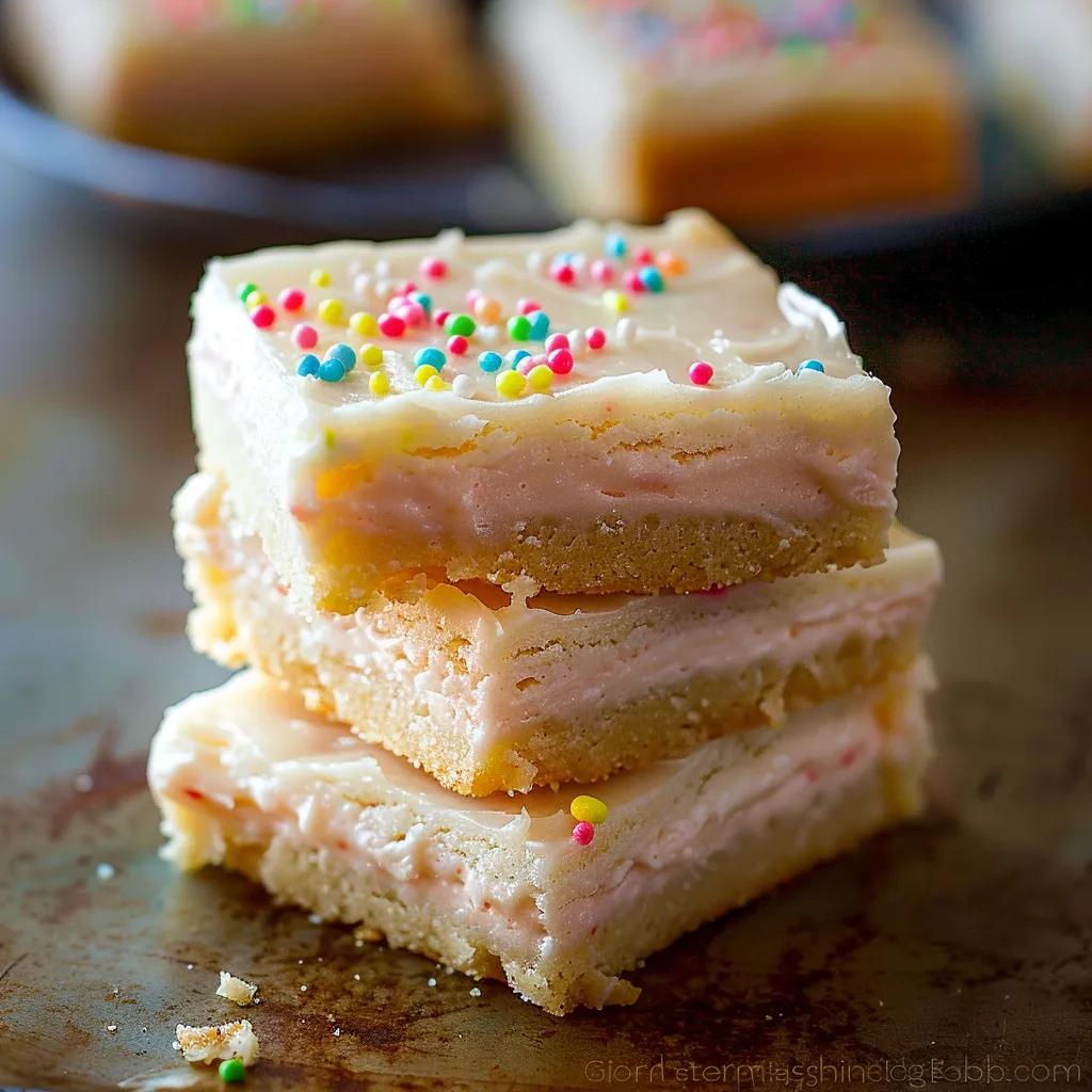 Barras de galleta con glaseado de queso crema sobre base mantecosa.