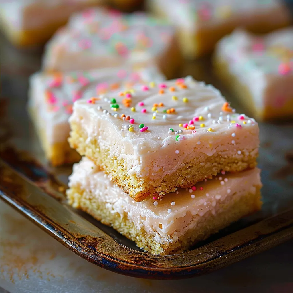 Deliciosas barras de galleta con glaseado de queso crema, un postre perfecto para cualquier ocasión.