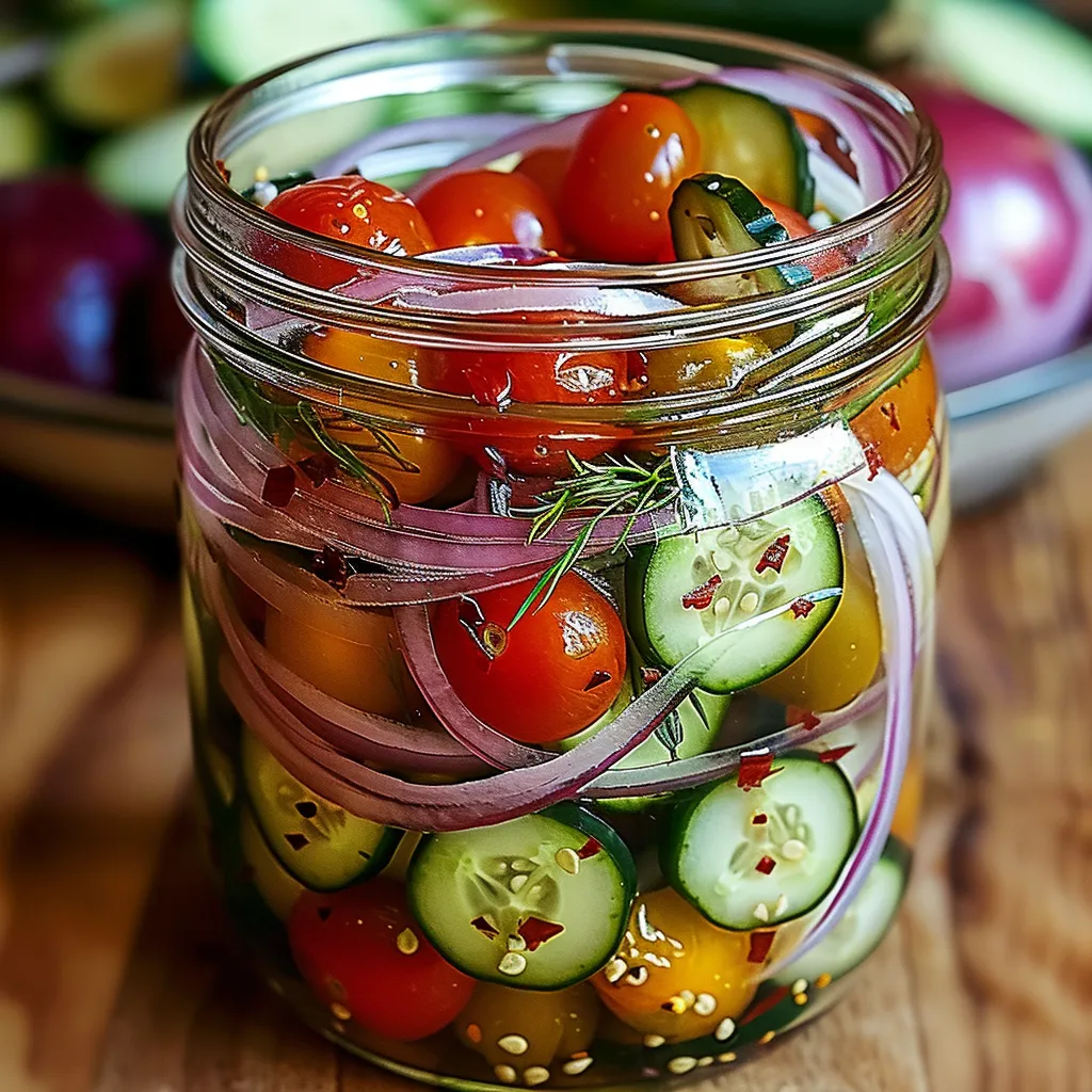 Tomates cherry y vegetales encurtidos, un aperitivo o guarnición vibrante y sabrosa.