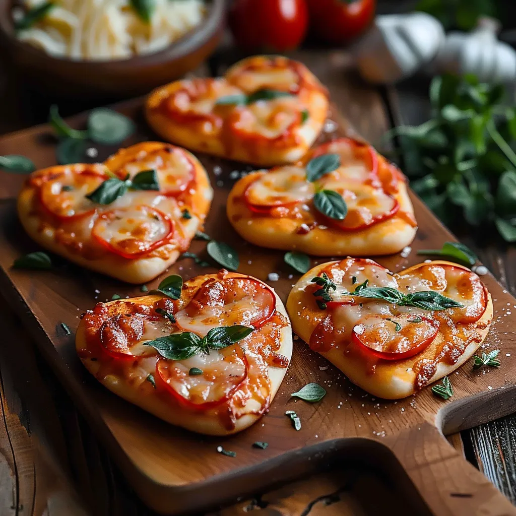 Mini pizzas en forma de corazón cubiertas con queso y salsa, perfectas para San Valentín.