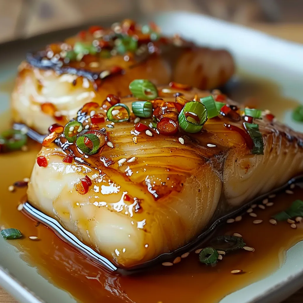 Lomos de bacalao glaseados con salsa de jengibre y soja, llenos de sabor.