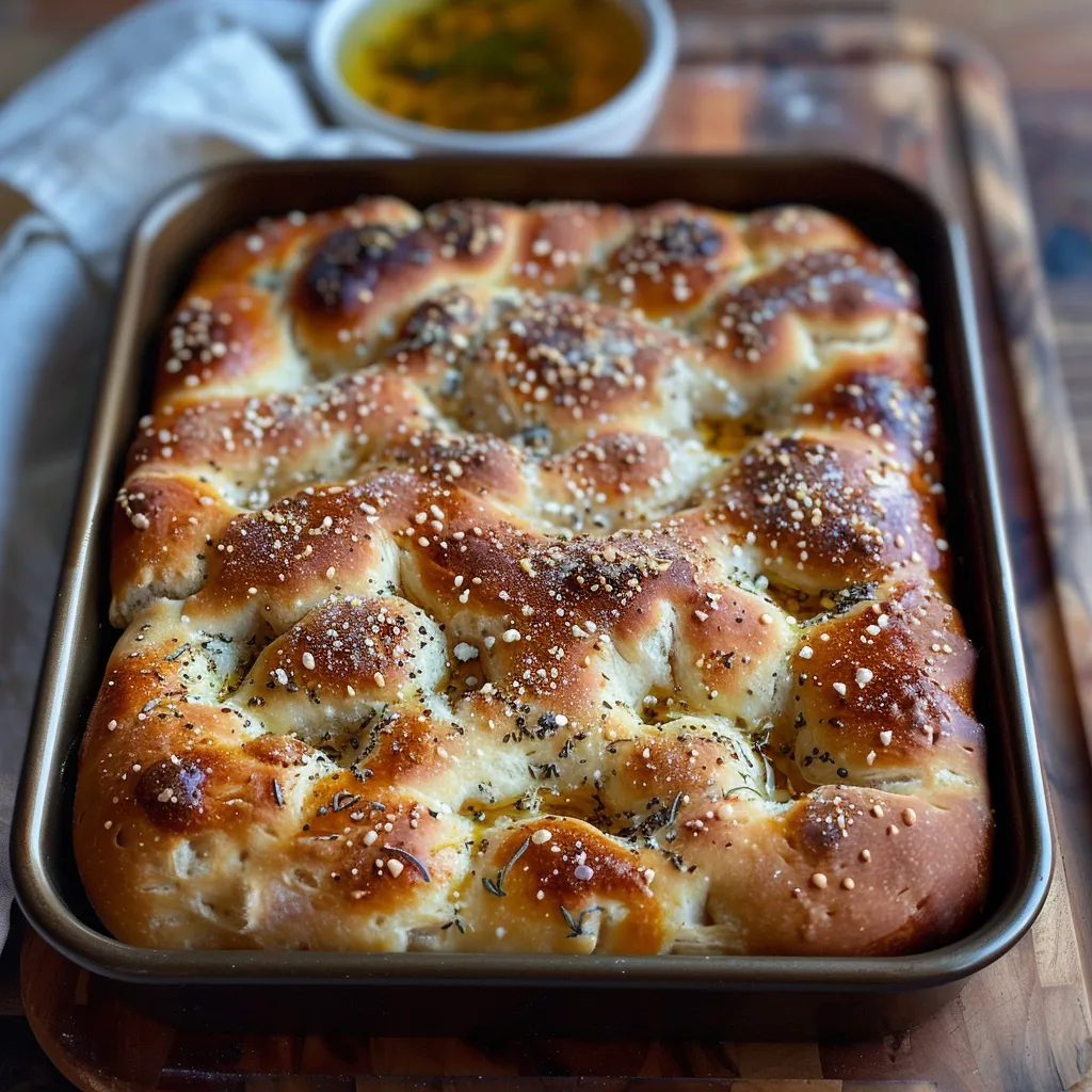 Sabrosa focaccia de descarte de masa madre con corteza dorada e interior suave.