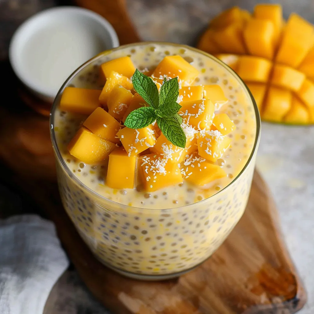 Postre cremoso de mango con sagú, un refrescante postre tropical con perlas de tapioca.