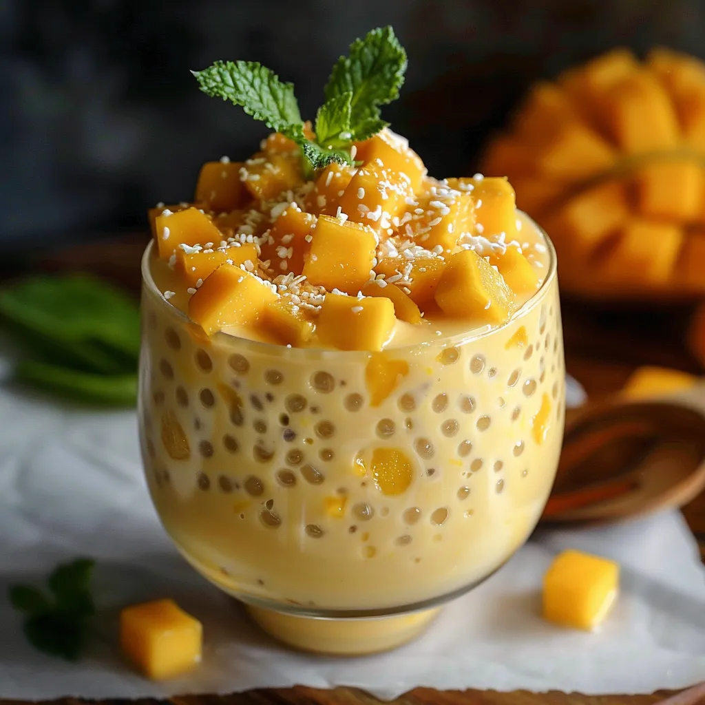 Dulce postre de mango con sagú, una mezcla perfecta de puré de mango y sagú masticable.