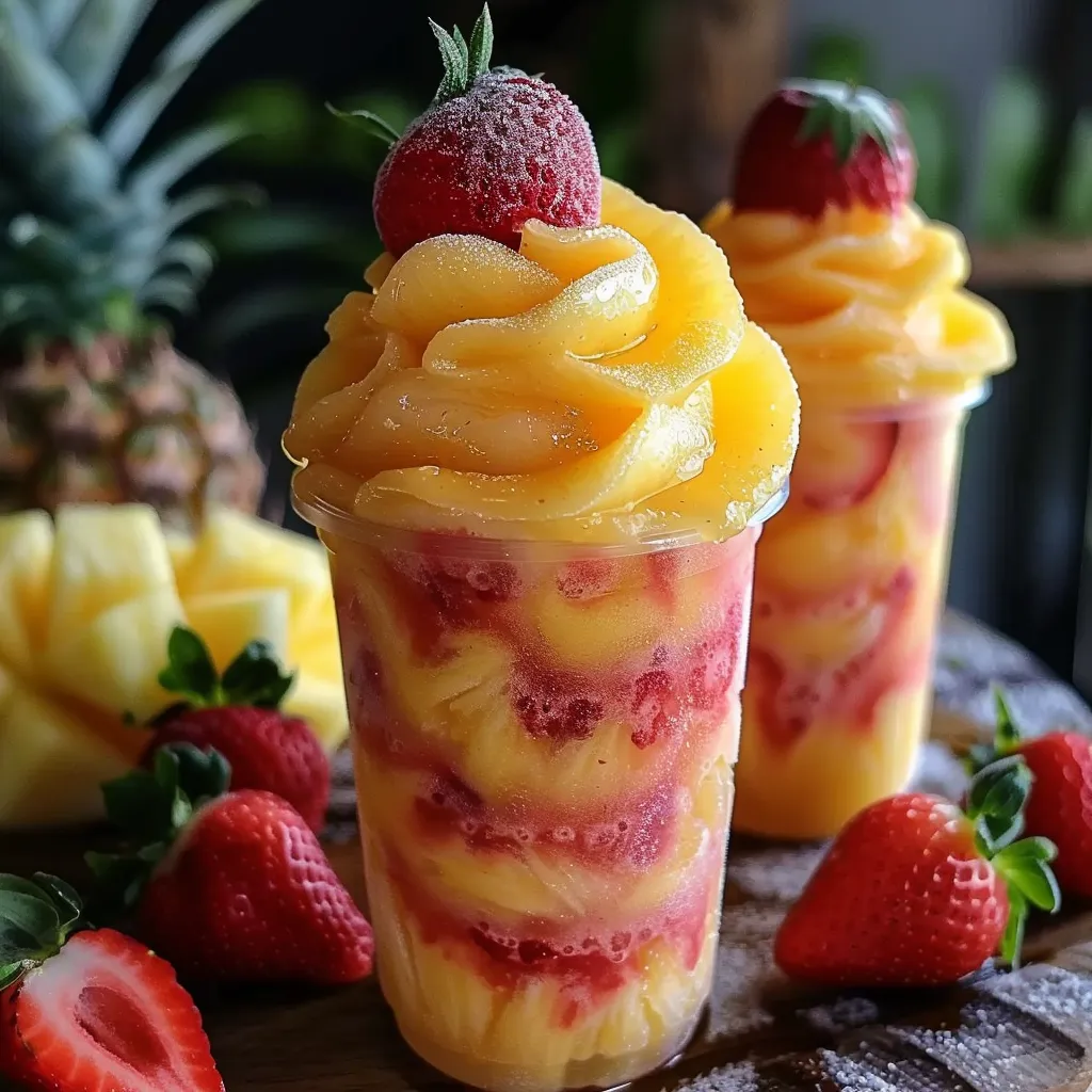 Refrescantes granizados bicolor de piña y fresa, perfectos para días calurosos.