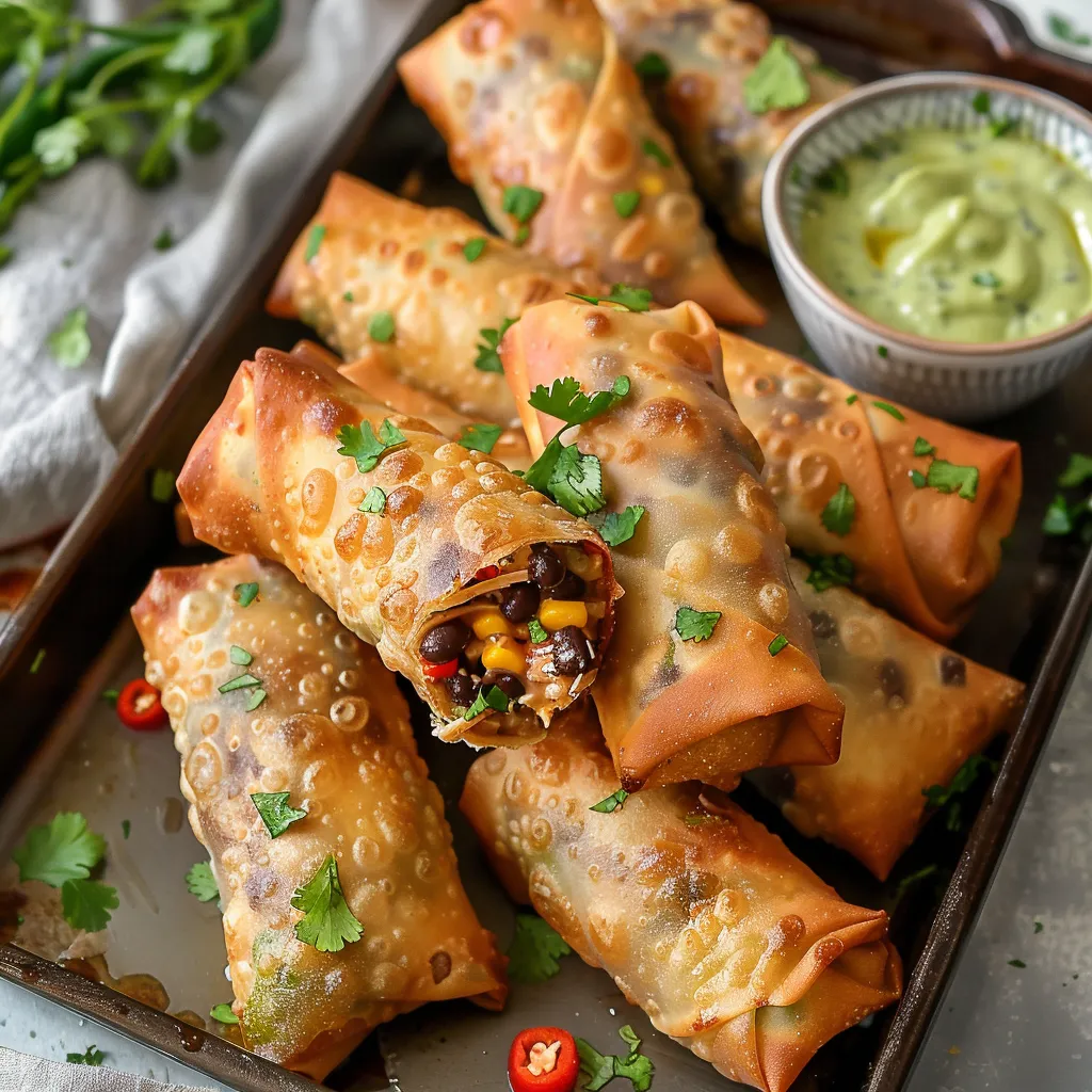 Rollitos crujientes del suroeste rellenos de pollo, frijoles negros y sabores intensos.