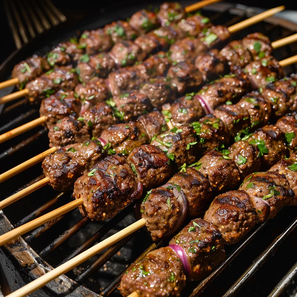 Jugosas brochetas de kofta sazonadas con hierbas frescas y especias, perfectas para la parrilla.