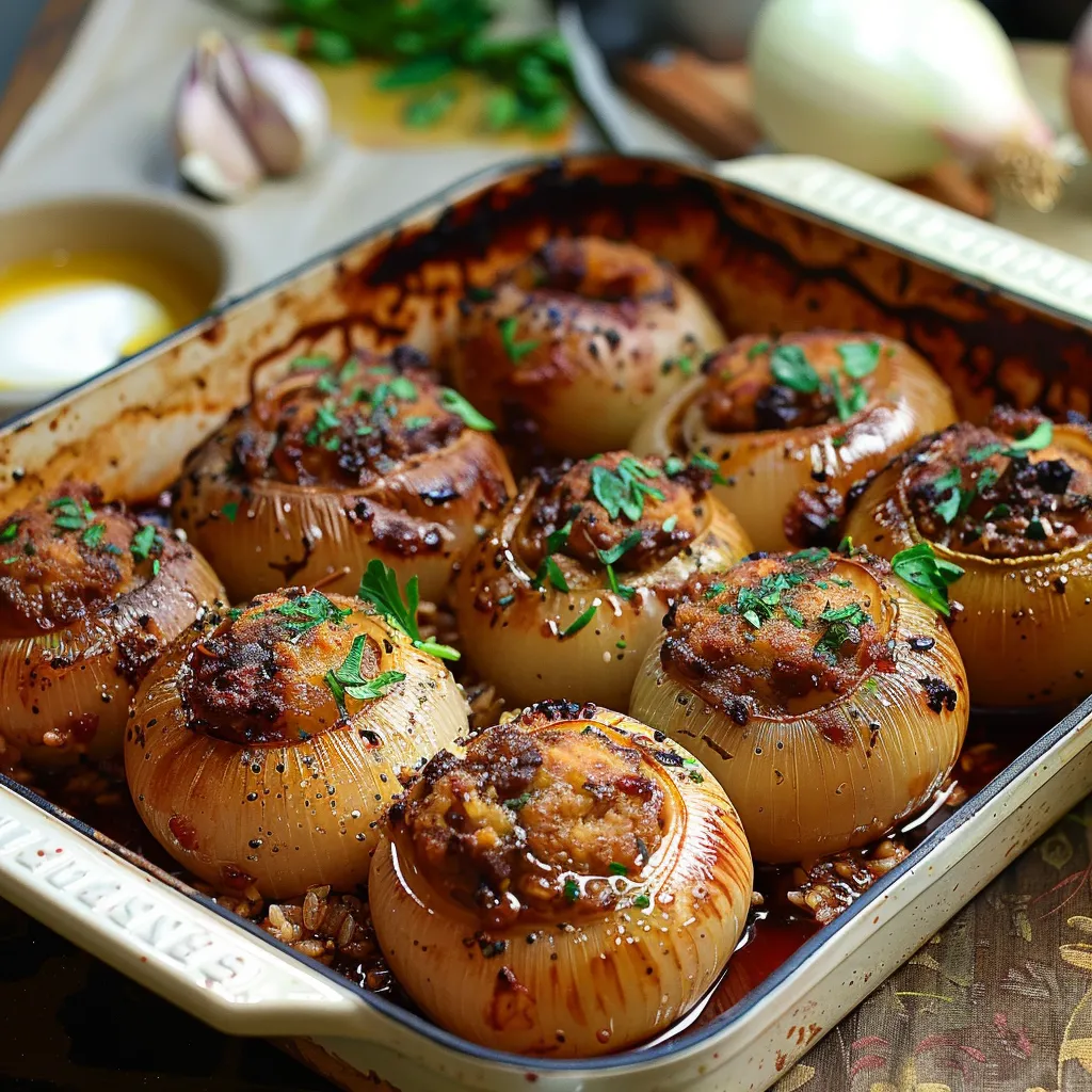 Cebollas rellenas mediterráneas con arroz, hierbas y especias aromáticas.