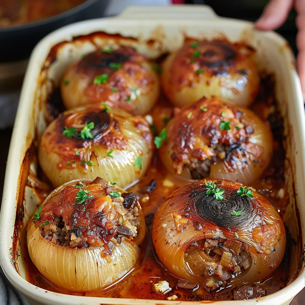 Deliciosas cebollas rellenas al estilo mediterráneo, un plato único y sabroso.