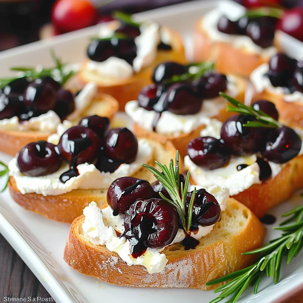 Crostini de queso de cabra con cerezas asadas