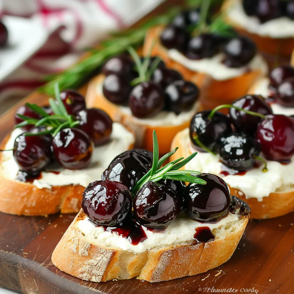 Crostinis crujientes cubiertos con cerezas asadas y cremoso queso de cabra, un aperitivo perfecto.