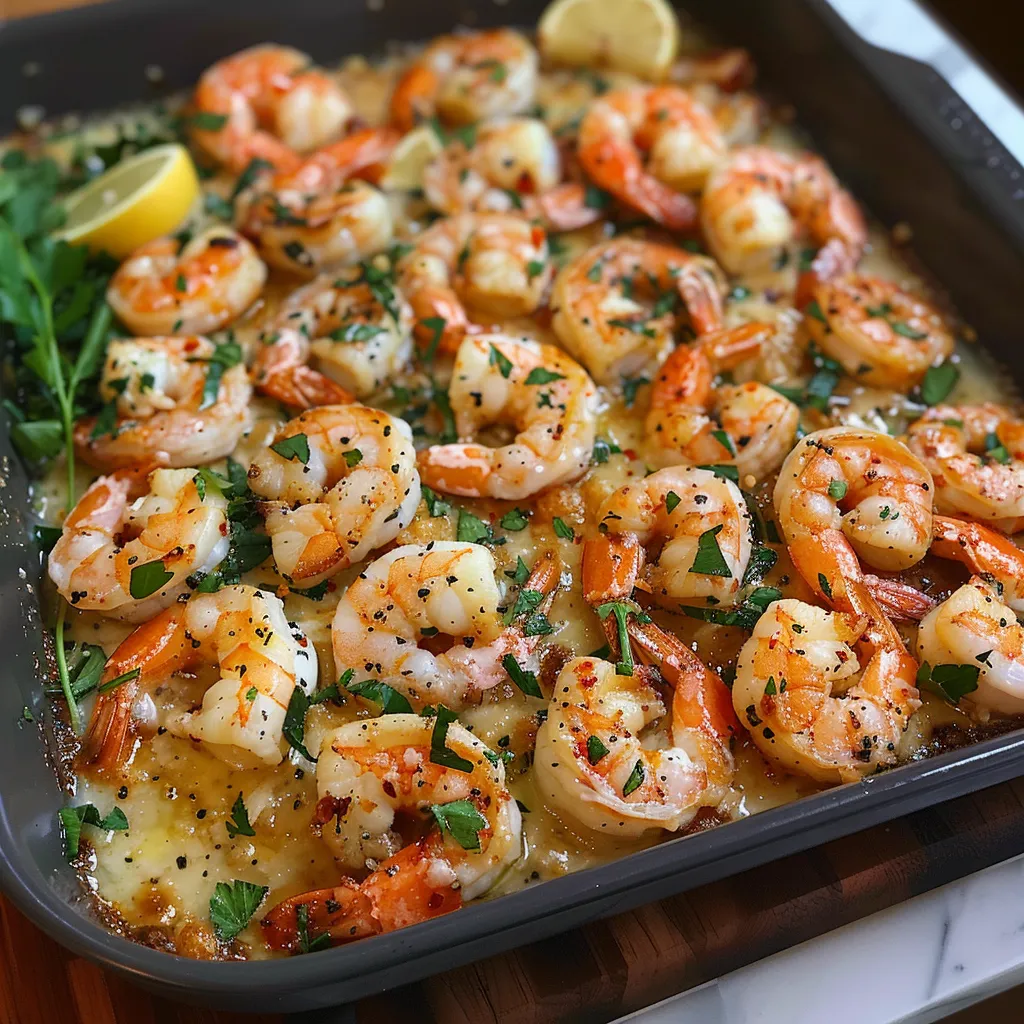 Camarones horneados con ajo y queso manchego, perfectos para pasta o ensaladas.