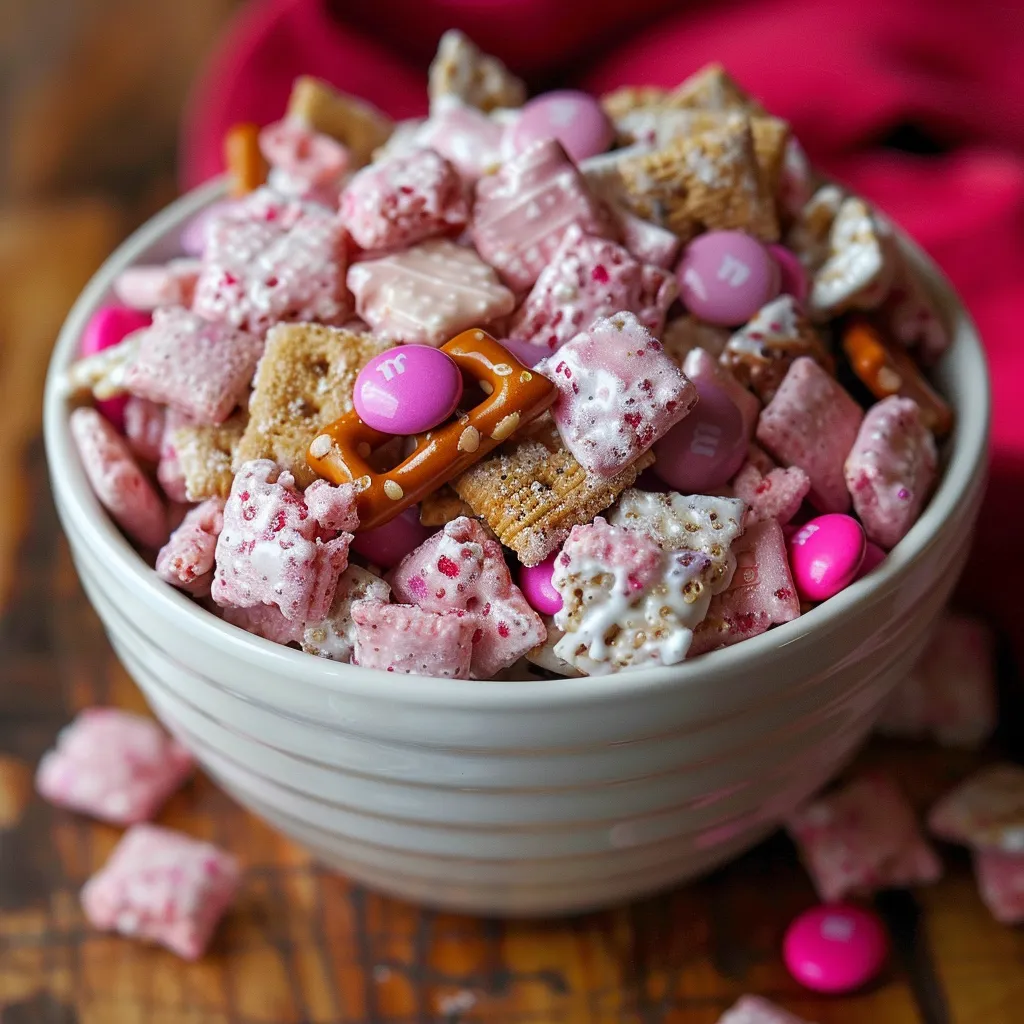 Dulce golosina de Chex Mix para San Valentín, un snack crujiente y festivo para compartir.