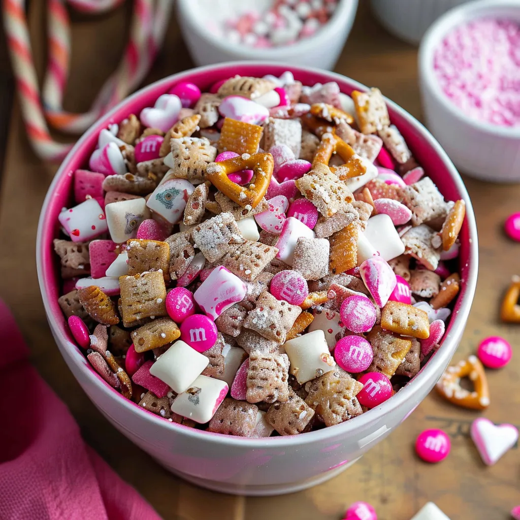 Golosina Chex mix de San Valentín con chocolate y azúcar glass para un snack divertido.