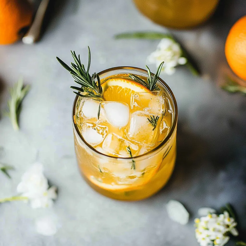 Un vaso de jugo de naranja con hielo y una ramita de menta al lado.