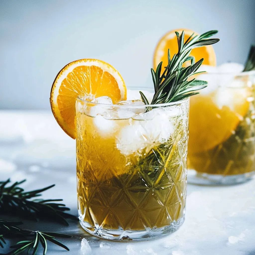 Dos vasos de jugo de naranja con hielo y una ramita de romero encima.