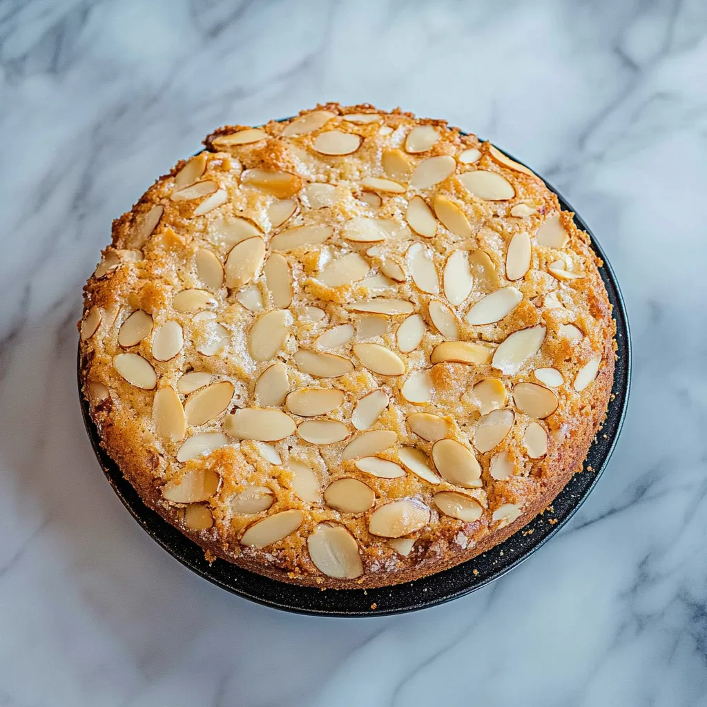 Una porción de pastel con almendras en un plato.